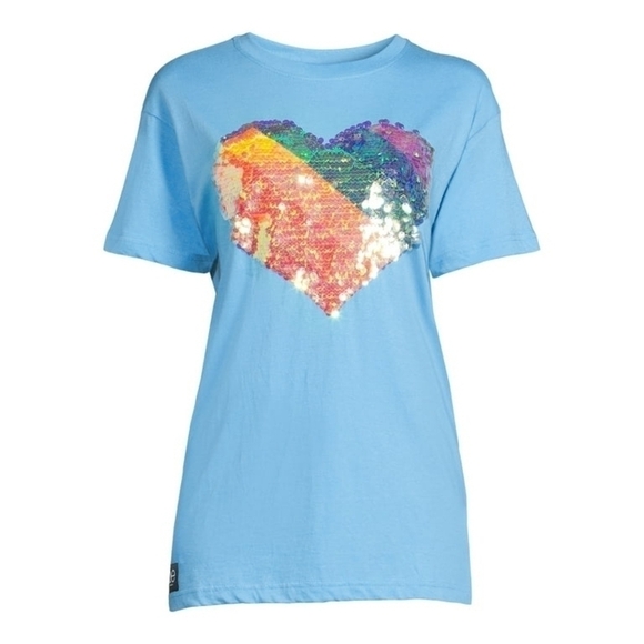 Pride Ready 🌈 Queer Eye Women's  🏳️‍🌈 Sequin Heart Cyan Graphic Tee NWT ♥️ ! - Picture 1 of 6